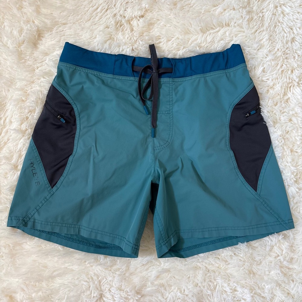 Hylete Mens Training Shorts Teal Charcoal Zipper Pockets Workout Gym Size 30